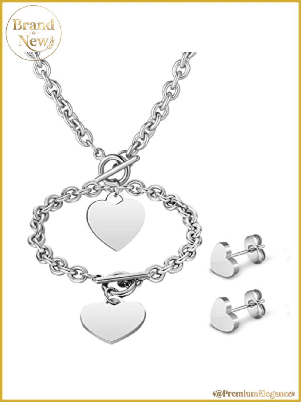 Stainless Steel Heart Jewelry Set Necklace Bracelet Earrings w/ Bow